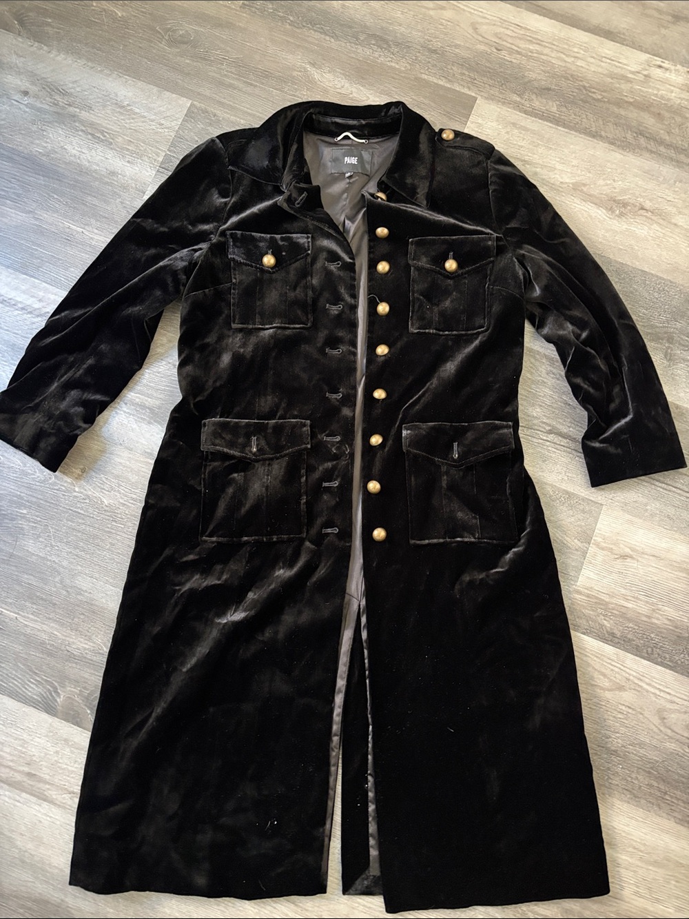 PAIGE Black Velvet Military-Style Long Coat with Gold Buttons